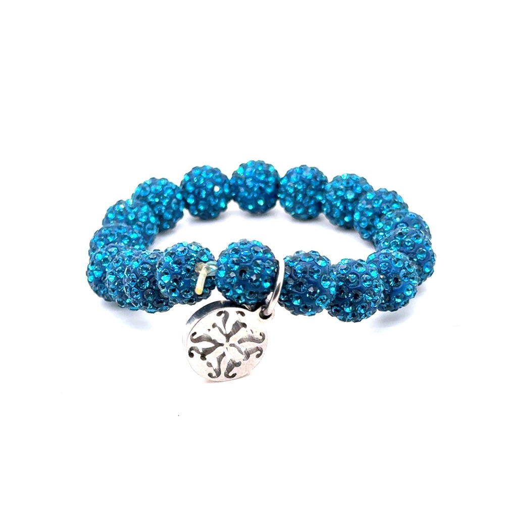 Rustic Cuff Teal Blue Disco Ball Pave Bead Stretch Bracelet Silver Logo Charm